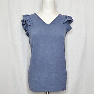Adrianna Papell Slate‎ Blue Gray Ruffle Flutter Sleeve V-Neck Blouse Size M